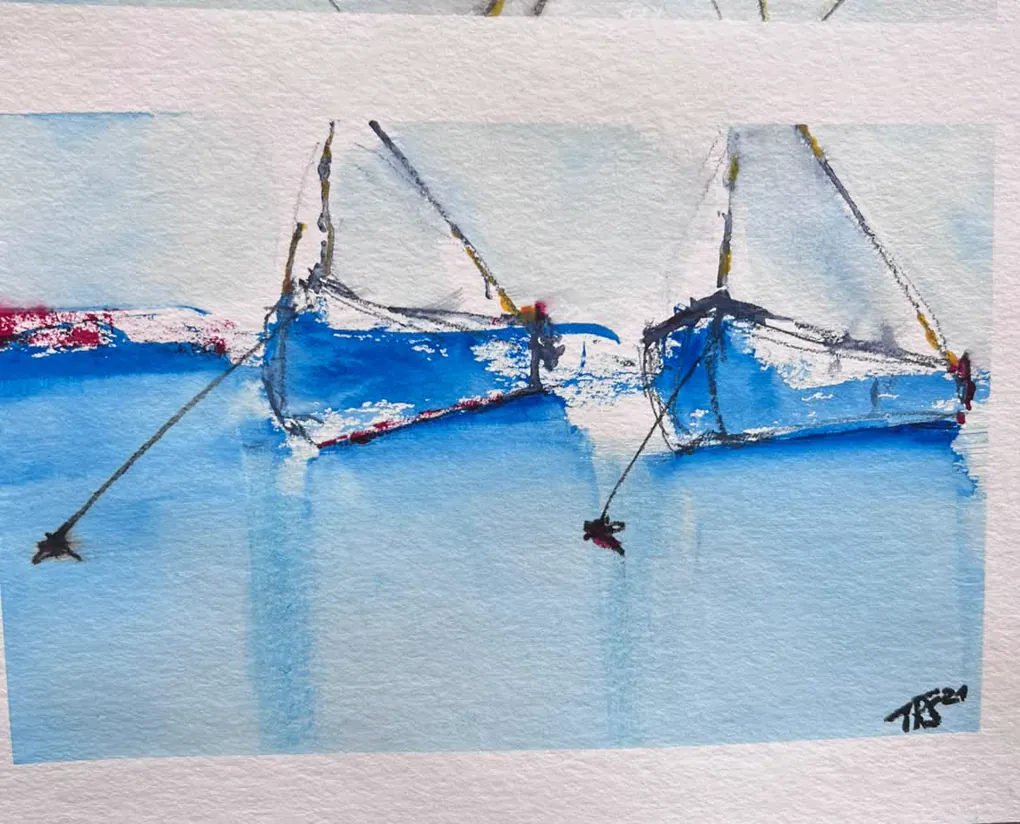 Zeichnung: zwei blaue Segelboote mit Spiegelung
