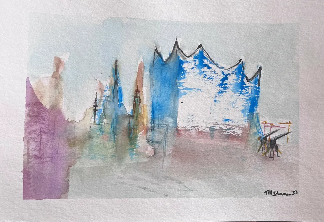 Zeichnung: Hamburger Skyline mit Elbphilharmonie und Kränen in Blau und Altrosa