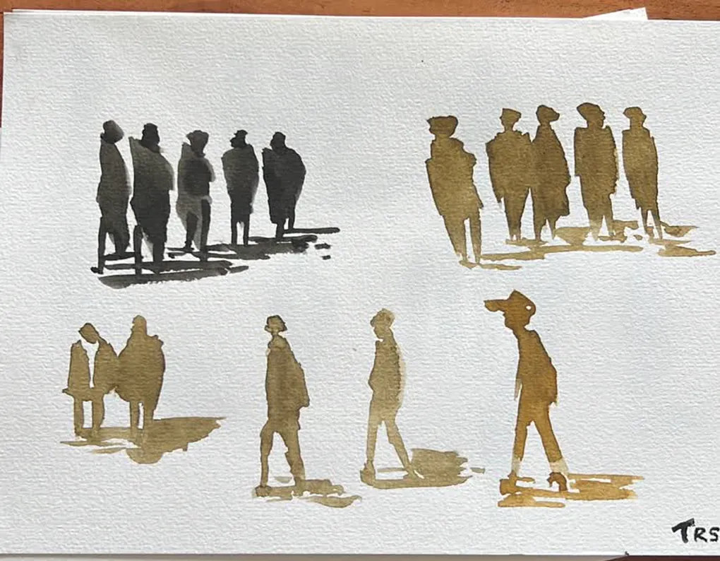 Zeichnung: Gruppen stehender Figuren als Silhouetten mit langen Schatten
