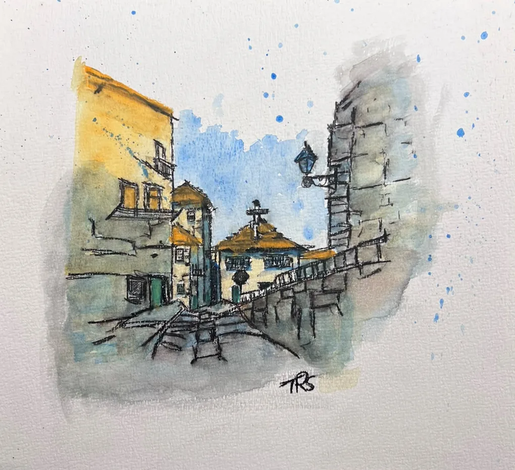Zeichnung: enge Altstadtgasse mit Treppe, Laterne und ockerfarbenen Häusern unter blauem Himmel