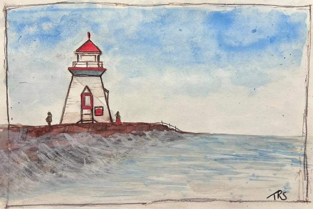 Zeichnung: weißer Leuchtturm mit rotem Dach auf einer Mole, davor bewegtes Wasser