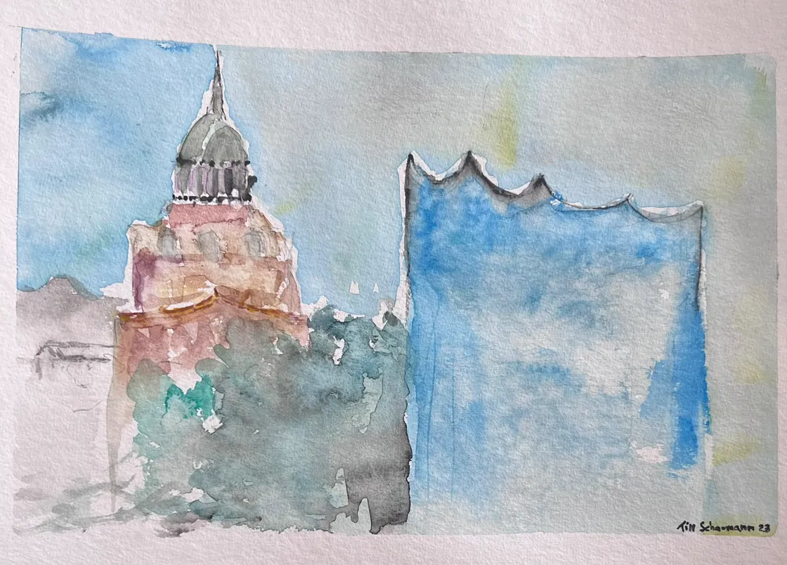 Zeichnung: Michel und Elbphilharmonie nebeneinander